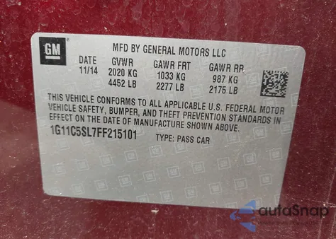 2015 Chevrolet Malibu 1Lt from USA, damaged, VIN 1G11C5SL7FF215101